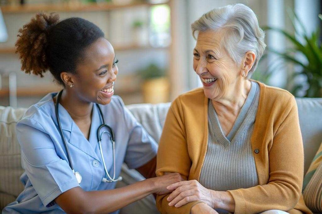 Laketown Village | Memory Care Units | Happy Senior Woman Talking With Caregiver