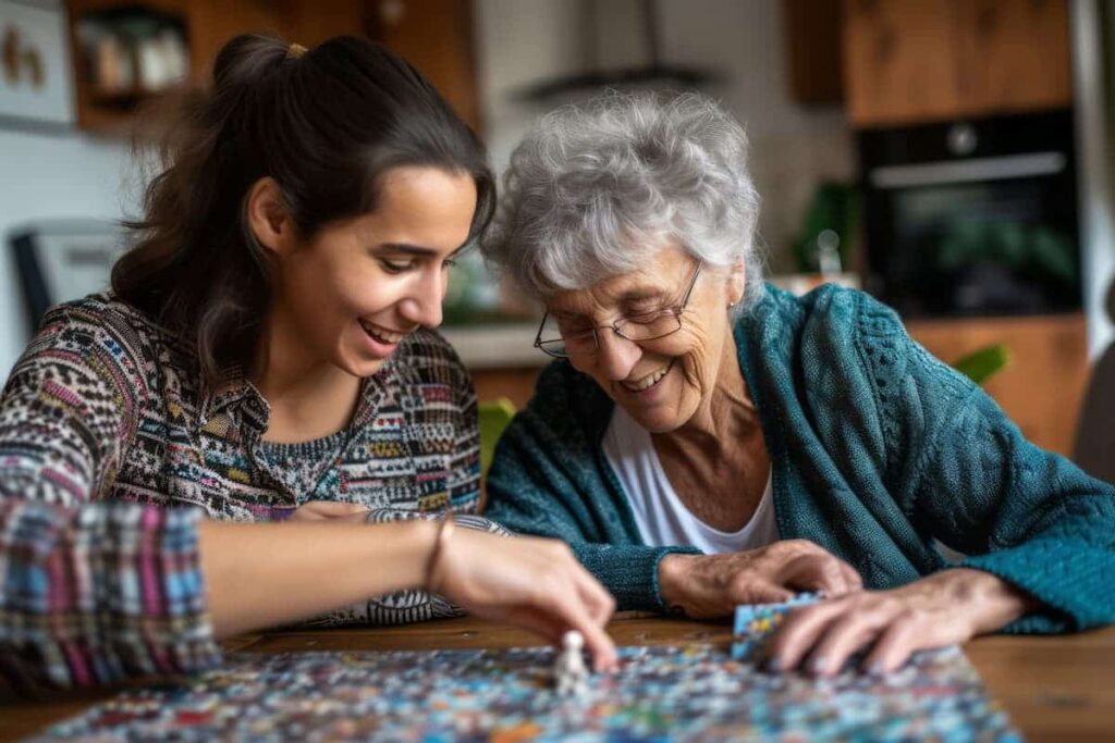 Pegasus Landing of Chisholm Trail | Caregiver Assisting Woman Doing Puzzle At Home